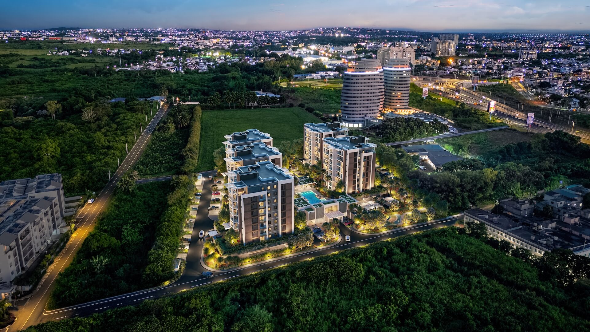 Aerial view of Central Park Trianon development in Mauritius